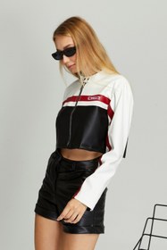 Resim Black Level Kadın Kısa Oversize Baskılı Motorcu Ceketi Fermuarlı Kolej Mont Bomber Deri Yarışçı Montu 