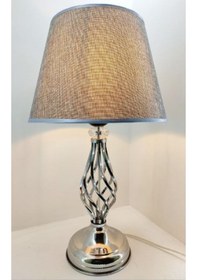 Resim Gümüş Gri Burgulu Taşlı Metal Ayaklı Gri Kumaş Şapkalı Abajur Gümüş 