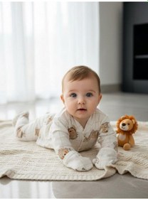 Resim Zekids Bebek Pamuklu Eldivenli Üst Ve Patikli Altlı Pijama Takımı-16787 Bej 