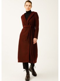 Resim Esswaap Geniş Kapişonlu Önden Bağlamalı Şanel Boy Kaban Bordo-bordo Bordo 
