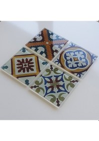 Resim Decorita Cam Bardak Altlığı | Çini Desen |4'lü Takım| 10cm x 10cm Çok Renkli 