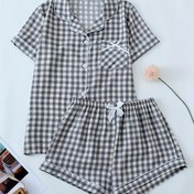 Resim Kadınların Ekose Desenli Rahat Pijama Takımı, Kısa Kollu Düğmeli Yaka Üst & Şort, Rahat ve Salaş Kesim, Yazlık Gecelik 