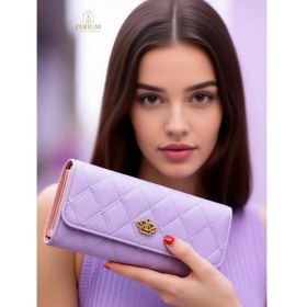 Resim Trendy Argyle Desenli Premium Pu Deri Tri-Fold Kadın Uzun Cüzdan 