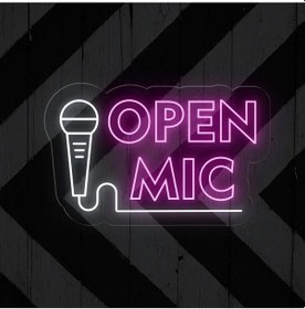 Resim Open Mıc Yazılı Ve Şekilli Neon Tabela Pembe 