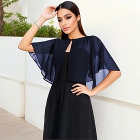 Resim Şık Kadınlar için Hafif Yazlık Şifon Capelet Şal - Siyah & Mavi Kontrast Kenarlıklı Ön Düğme Kapatmalı, Çok Yönlü Gelinlik ve Günlük Dekoratif Örtü, Dış Mekan Etkinlikleri İçin, Kontrast Kenar Tasarım, Sofistike İşçilik, Doku, Resmi Durumlar, Sadece Kuru Temizleme, Moda Kadınları 