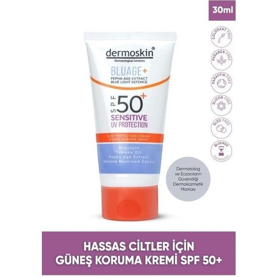 Dermoskin Blueage+Hassas Ciltler İçin Nemlendirici Güneş Koruma Kremi SPF 50+ | UV Koruma | 50 ml Fiyatı ve Özelliklerı - Badem