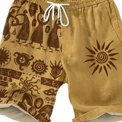 Resim Erkekler için Kabile ve Güneş Motifli Günlük Şortlar - Hafif Polyester, Elastik Bel Bandı, Partiler, Ev, Plaj, Dış Aktiviteler için İdeal 