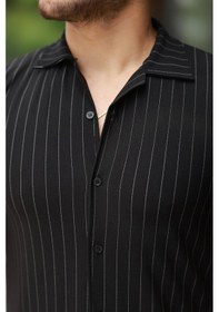Resim Erkek Kısa Kollu Çizgili Gömlek Siyah 