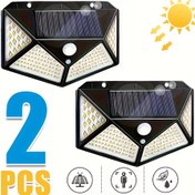 Resim 2 adet çok fonksiyonlu güneş enerjili dış duvar lambası, 100 LED / 3 ışık modu, 270 ° aydınlatma açısı hareket sensörü, güvenlik duvar lambası güneş enerjisiyle çalışır, arka bahçe, çit, veranda, sokak, garaj, otopark için aydınlatma, Noel dekorasyon aydınlatması 