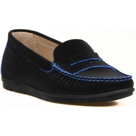 Resim Siyah Deri Kadın Loafer Mavi Detaylı 