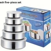 Resim 1 Set, Yuvarlak Taze Tutma Kutusu 5 Parça Set, Kapaklı Paslanmaz Çelik Mühürlü Kutu, Depolama Kutusu, Gıda Dağıtıcısı, Açık Hava Mutfak Adaptasyonu 