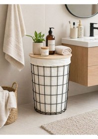 Resim Uykula Banyo Düzenleyici Tel Kirli Sepet Ahşap Kapaklı Metal Gövde Kumaşlı Çamaşır Sepeti Banyo Aksesuar Siyah 