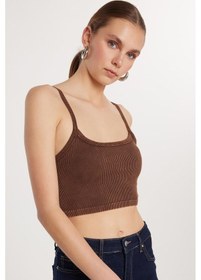 Resim Tudors Kadın Slim Fit Kare Yaka Düz Basic Kahverengi Crop Atlet-33695 