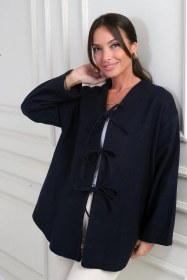 Resim Kadın Önü Bağcıklı 3 İplik Kaşe Hırka-41949 Lacivert 