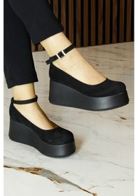 Resim Erkan Saçmacı Nevada Siyah Süet Yuvarlak Burun Bantlı Dolgu Topuklu Günlük Ayakkabı Siyah 