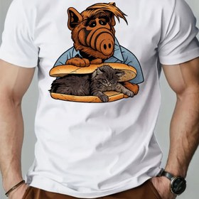 Resim Erkekler İçin Komik Evcil Hayvan Sever Tişört - Alfred Burger Desenli Kedi Baskılı - Köpek ve Kedi Sahipleri İçin Yumuşak Nefes Alabilen Pamuklu Tişört - Doğum Günü Hediyesi Fikri, Makinede Yıkanabilir Günlük Kullanım Gömleği, Plaj Partisi Kıyafeti, Eğlenceli Baskı Üst, Rahat Kesim, Tatil Stili, Trendy Kısa Kollu Tişört 