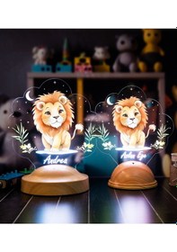 Resim Sevimli Aslan Tasarımlı İsimli Çocuk Odası Gece Lambası, Aslan Bebek Doğum Günü Hediyesi Led Lamba 