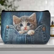 Resim 1 Adet Sevimli Yavru Kedi Desenli Polyester Tuvalet Çantası, Fermuarlı Günlük Makyaj Kesesiyeri, Kolayca Temizlenebilir Elde Yıkanabilir Saklama Organizatörü 
