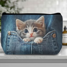 Resim 1 Adet Sevimli Yavru Kedi Desenli Polyester Tuvalet Çantası, Fermuarlı Günlük Makyaj Kesesiyeri, Kolayca Temizlenebilir Elde Yıkanabilir Saklama Organizatörü 