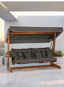 Resim Luna Deluxe 2600 Iroko Beş Kişilik Yatak Olma Ve Ayak Uzatma Sehpalı Ahşap Bahçe Salıncağı Antrasit Minder Seti Dahil Antrasit 