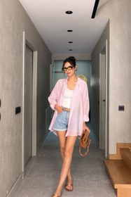 Resim Pembe Tül Modal Maxi Gömlek - Pembe / 40 