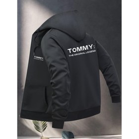 Resim Erkekler için "Tommy The Original Legend" Kapüşonlu Ceket - Rahat Siyah Fermuarlı Ceket, Cep Detaylı, Esnek Kumaş, Normal Beden, Beyzbol Şapkası Tasarımı, Bahar ve Sonbahar için Mükemmel 