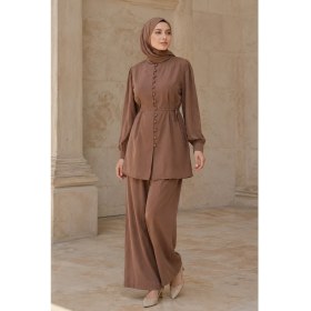 Resim Modestim Kadın Kahve Önden Birit Düğmeli Kuşaklı Tesettür Ikili Takım Tesettür Tunik Pantolon Kombin Takım 