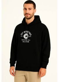 Resim Assema Erkek Kapşonlu Sweatshirt - Üç İplik Şardonlu Kumaş, Oversize Fit, Ön & Arka Baskılı, Kanguru Cepli, Kışlık Rahat Hoodie- Siyah Çok Renkli 