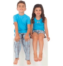 Resim The Don Aile Turkuaz Gri-Lacivert Ekose Erkek Çocuk Pijama Takımı 
