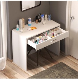 Resim Bicabin Arya Novella Bölmeli Organizer Çekmeceli Makyaj Masası -Beyaz (Kulplu) 