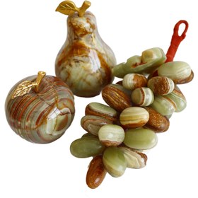 Resim Doğal Oniks Taş Meyve Seti – 6 İnç Ayaklı Çanak, El Yapımı Armut-Elma-Üzüm Dekor, Beyaz & Kahve Desenli - kahve 