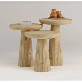 Resim Simillo Home&Living Wood Wooden 3’lü Set Fitilli Mantar Yan Sehpa Modern Ahşap Renk Vernikli Fiskos 