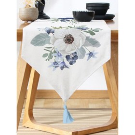 Resim Pastel Mavi Gül Desenli Dijital Baskılı Dekoratif Püsküllü Şönil Üçgen Runner 