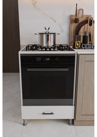 Resim Cebese Ankastre Fırın Ve Ocak Dolabı Ayaklı Siyah Kulplu Modern Mutfak Dolabı Beyaz Renk Beyaz 