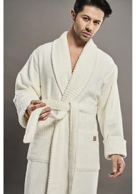 Resim Yaka Fitilli %100 Organik Cotton Cotton Erkek Bornozu Krem 