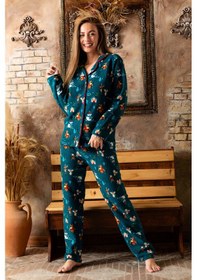 Resim Nisanca Kışlık Yılbaşı Desenli Kadın Gömlek Polar Pijama Takımı- Geyikli Yılbaşı Pijaması Yesil 