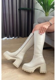 Resim Asmi Shoes Kadın Fenni Krem Cilt 8 Cm Topuklu Yandan Fermuarlı Çizme Krem Krem 