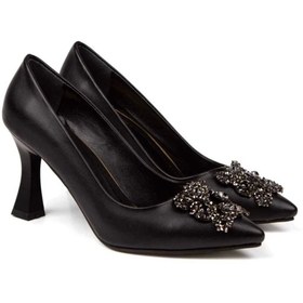 Resim GULT Stiletto Taş Detaylı 8 Cm Siyah Mat Deri 