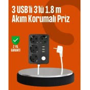 Resim Selfbuysell Akım Korumalı 3 USB Portlu 4’lü Priz 4.1A Hızlı Şarj 