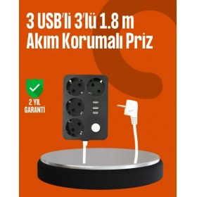 Resim Selfbuysell Akım Korumalı 3 USB Portlu 4’lü Priz 4.1A Hızlı Şarj 