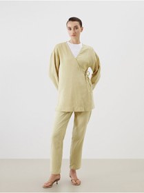 Resim LC Waikiki LCWAIKIKI Classic Haki Kruvaze Yaka Dokulu Yırtmaçlı Kadın Kimono 