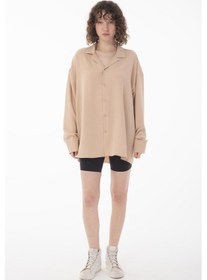 Resim R-3575 Apaş Yaka Uzun Kollu Aerobin Kumaş Oversize Gömlek Vizon 