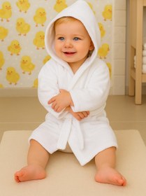 Resim CottonVerse Bebek & Çocuk Kapşonlu Bornoz - %100 Pamuk, Unisex Beyaz - Beyaz / 3-4 Yaş 