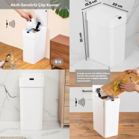 Resim Porsima Me-06 Hareket Sensörlü Sessiz Kapatma Çöp Kutusu Banyo Mutfak Çöp Kovası Kapaklı Banyo Çöp Kovası 9 lt 