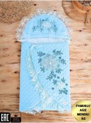 Resim Tomuycuk %100 Pamuk Yenidoğan Mavi Unisex Bebek Kundağı - Dantelli & Duvaklı Bebek Battaniyesi 