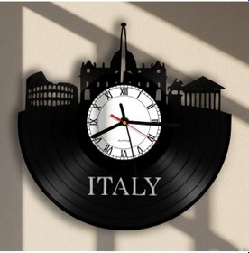 Resim Italy Şehir Silüetli Geri Dönüşüm El Emeği Plak Duvar Saati Siyah 