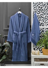 Resim 4 Parça Aile Bornoz Seti Kadın Erkek Havlulu Bornoz Takımı 100 Lacivert Pembe 001 