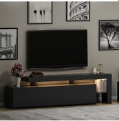 Resim Beliz Modern LED Işıklı 3 Kapaklı, Raflı TV Sehpası – 192 cm, Antrasit 