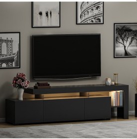 Resim Beliz Modern LED Işıklı 3 Kapaklı, Raflı TV Sehpası – 192 cm, Antrasit 
