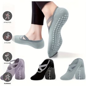 Resim 3 çift karışık renkli yoga çorapları, kaymaz çapraz bantlı tutuşlu çoraplar, Pilates barı için uygun silikon kaydırmaz dans sporu iç mekan Pilates zemin spor çorapları 